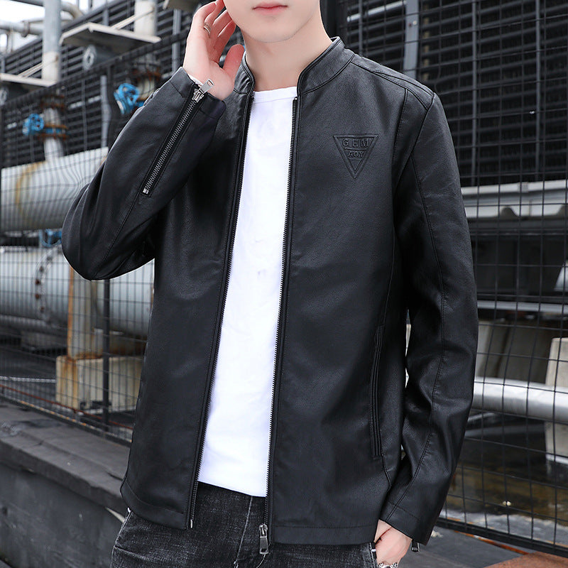Men's slim-fit faux leather motorcycle jacket with minimalist stand-up collar and zipper detail Chichicherry