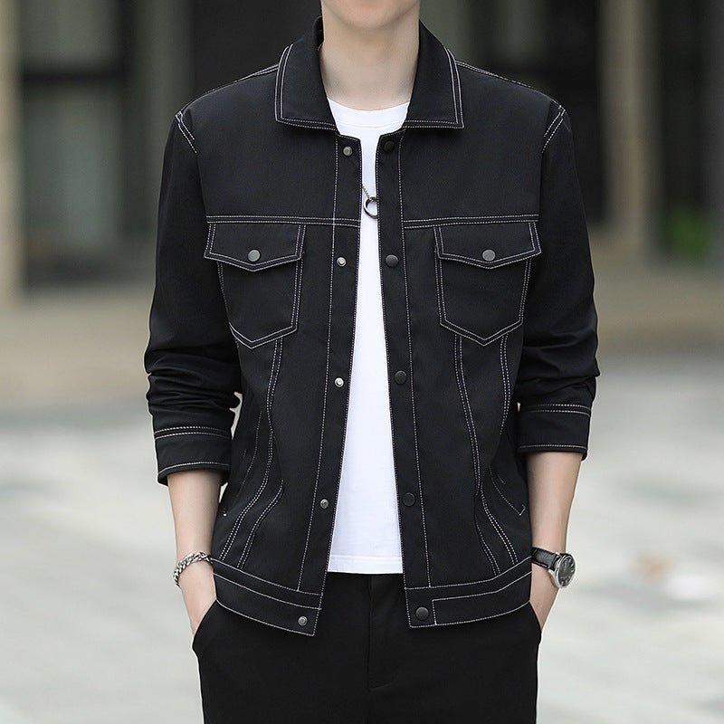 Men's lightweight canvas trucker jacket with visible contrast stitching and chest flap pockets Chichicherry