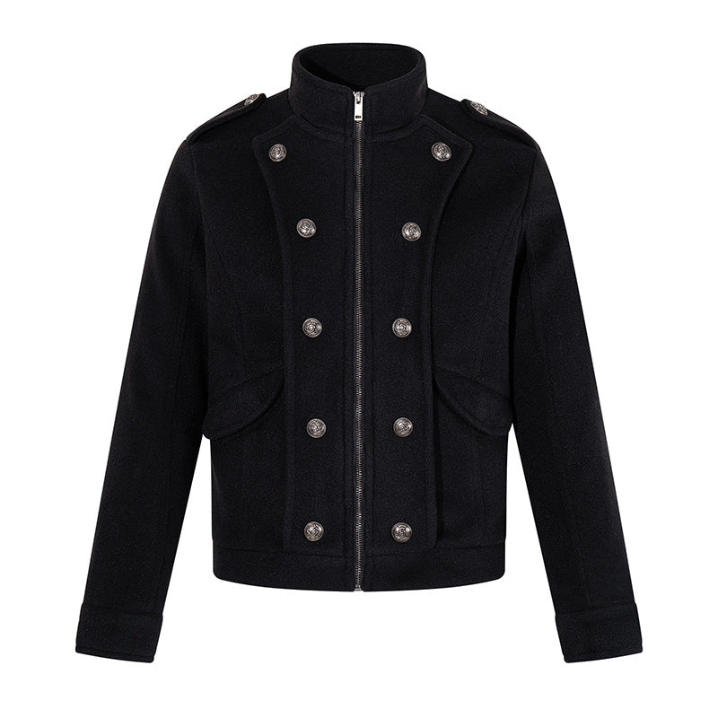 Men's short military-inspired wool jacket with stand-up collar & double-breasted decorative buttons Chichicherry