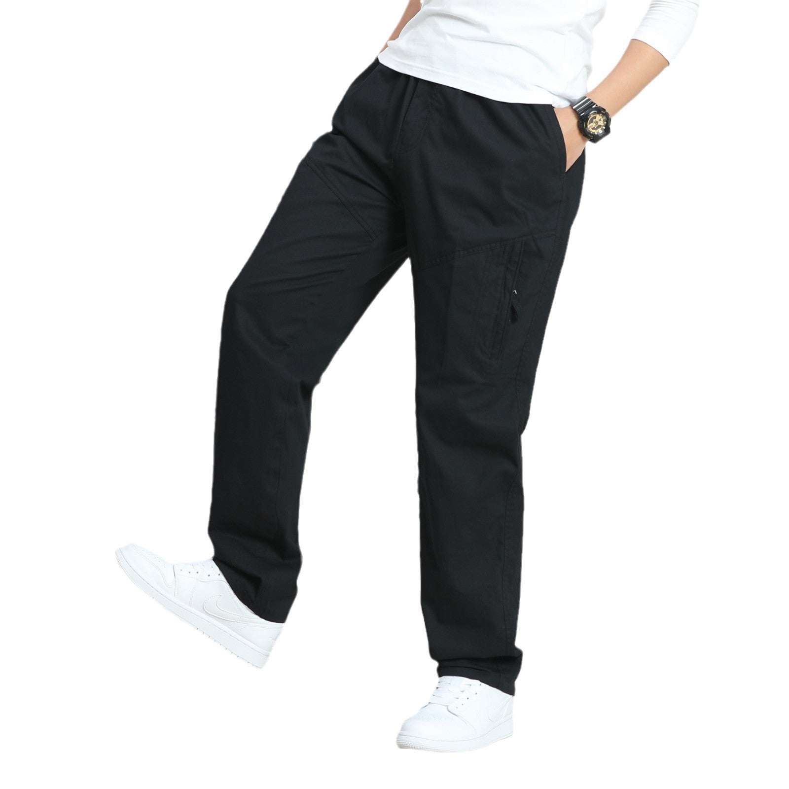 Men's Wide Utility Cargo Pants with Elastic Waistband, Side Zipper Pocket & Pre-Shaped Knee Inserts Chichicherry