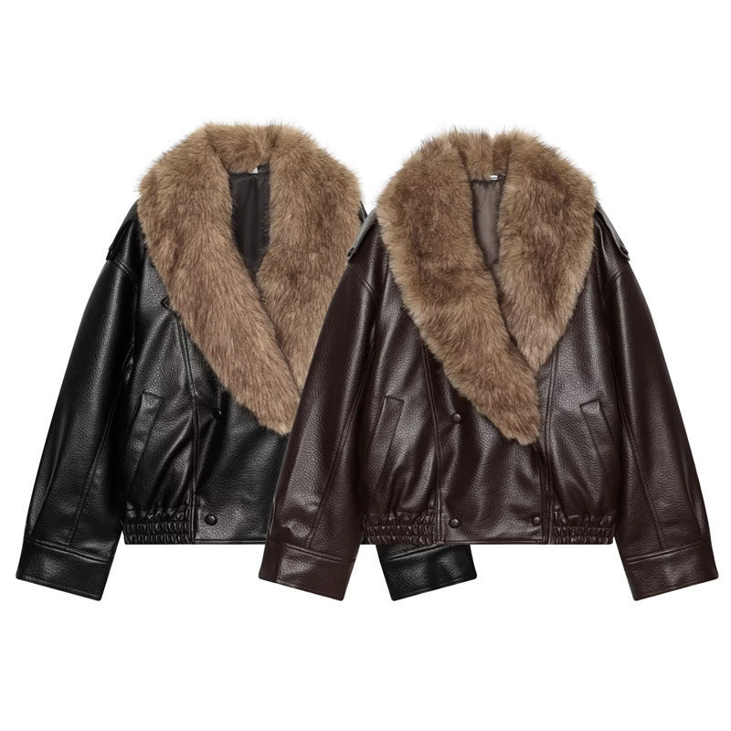 Women’s short-cut leather jacket with full fur collar and elastic hem Chichicherry