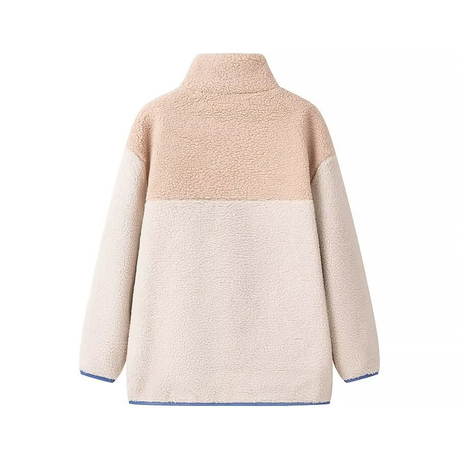 Women's Oversize Teddy-Fleece Jacket with Stand-Up Collar, Zipper Pockets and Nylon Chest Pocket Chichicherry