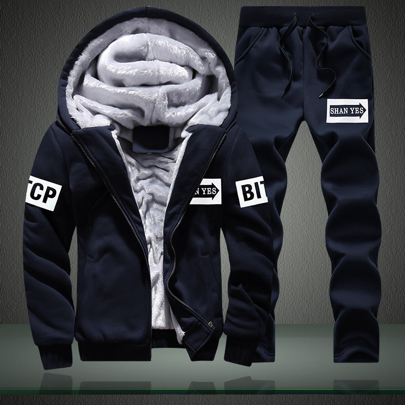 Men's warm two-piece training set with teddy lining, hooded jacket and drawstring jogging pants Chichicherry