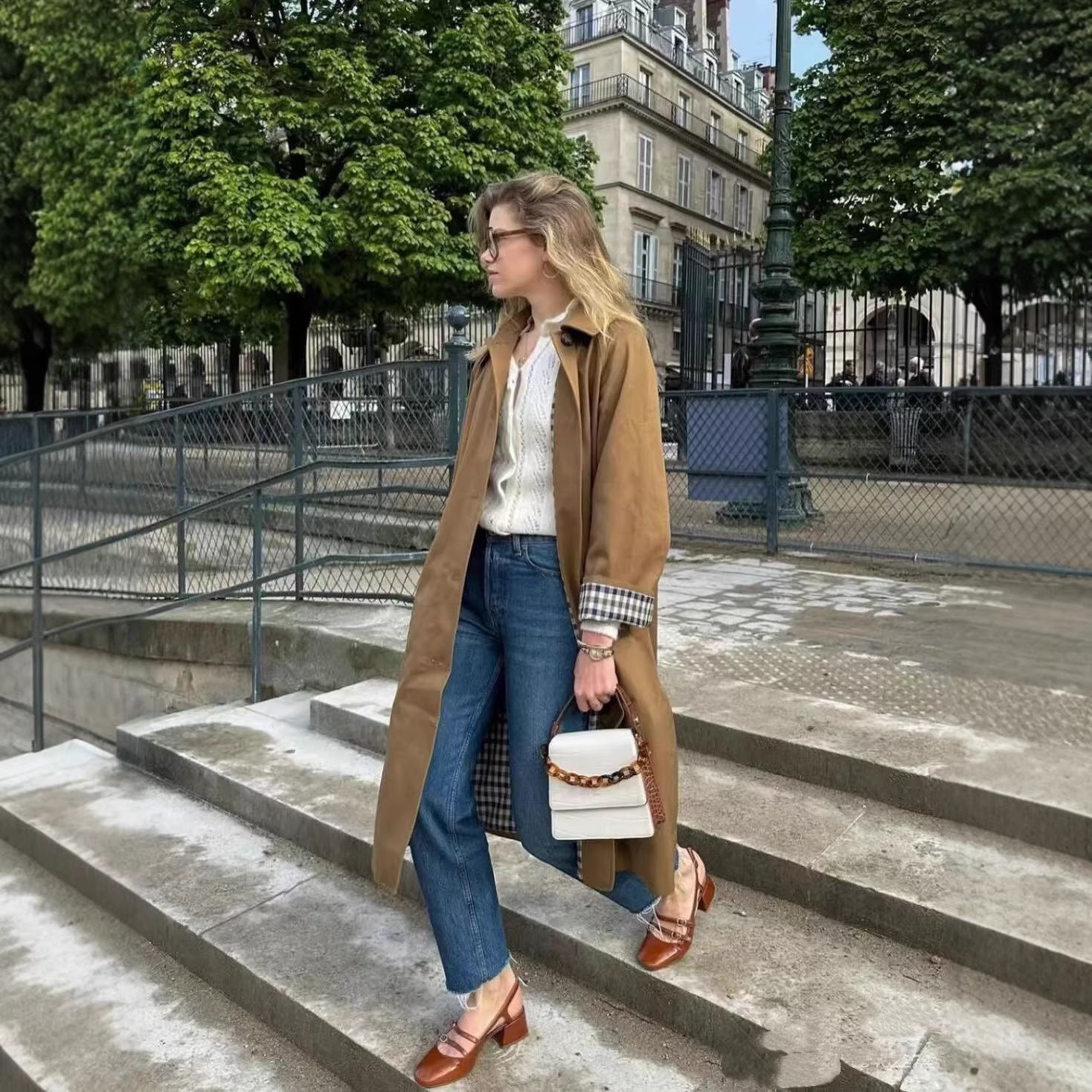 Women Long Minimalist Trench Coat with Wide Collar and Straight Silhouette Chichicherry
