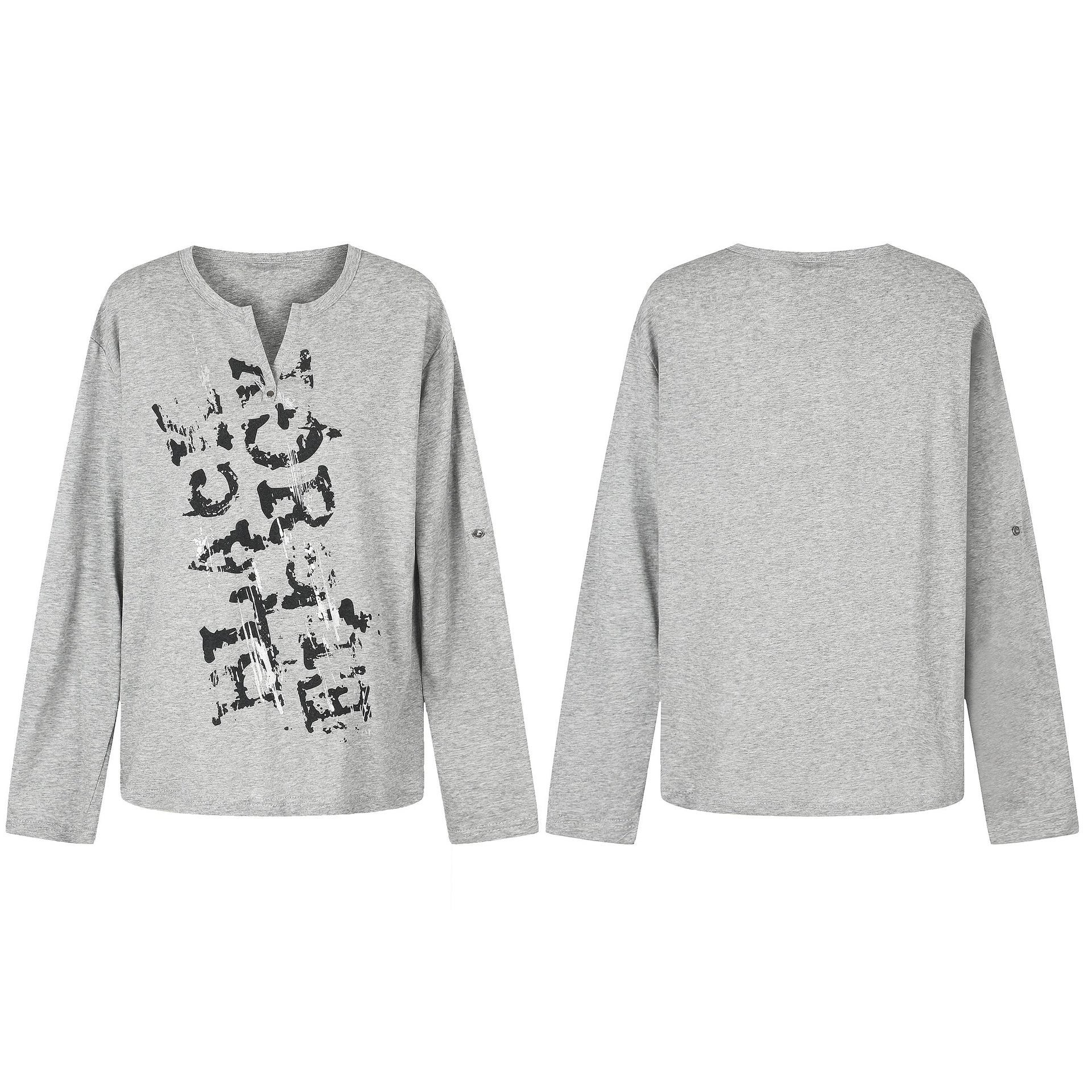 Women Casual Long Sleeve Shirt with Notch Neckline, Oversized Silhouette and Print Graphic Chichicherry