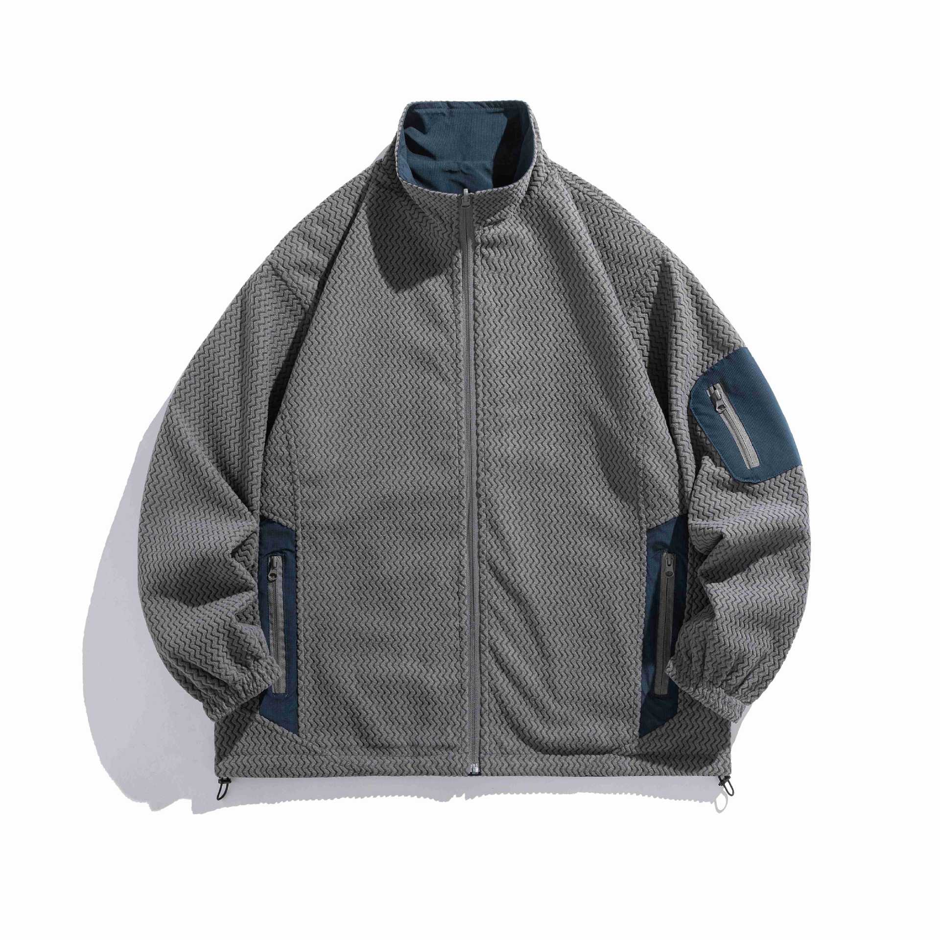 Unisex structure fleece jacket with high stand-up collar, zip pockets and drawstring hem Chichicherry
