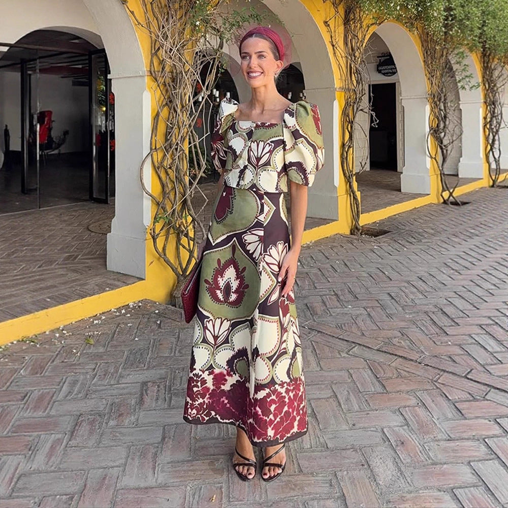 Women's Maxi Dress Set with Puff Sleeves, Tailored Midriff and Floral-Geometric Print Chichicherry