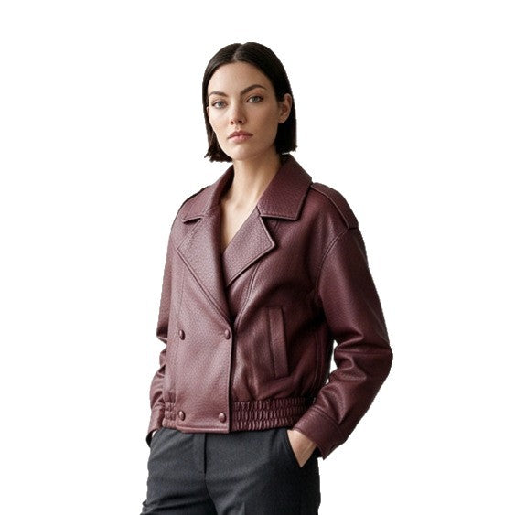 Women's Boxy Faux Leather Blouson with textured grain, double-breasted button placket & elastic hem Chichicherry