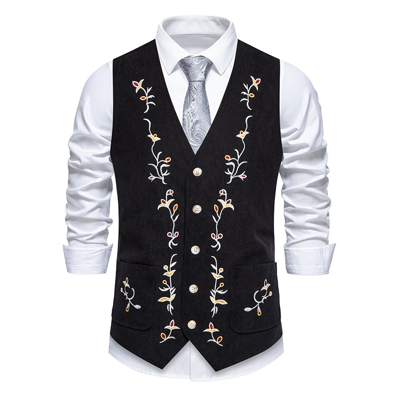 Men's Traditional Embroidered Suit Vest with V-Neck and Decorative Buttons Chichicherry