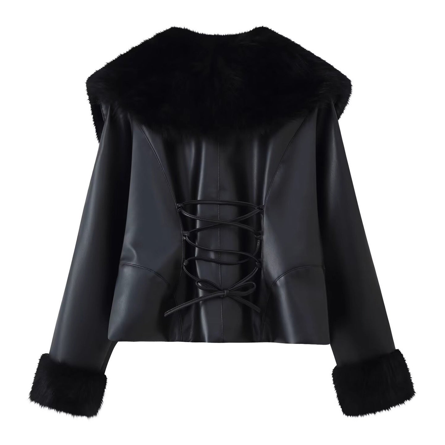 Women's short jacket made of synthetic leather with voluminous faux fur collar and fur cuffs Chichicherry