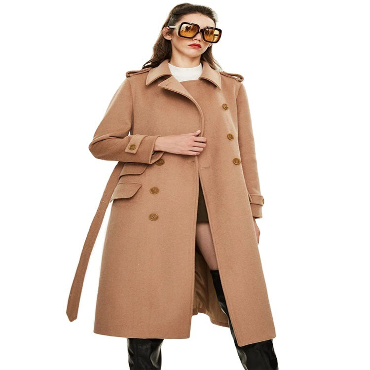 Women's fitted A-line trench coat made of wool-cashmere blend with waist belt and flap Chichicherry