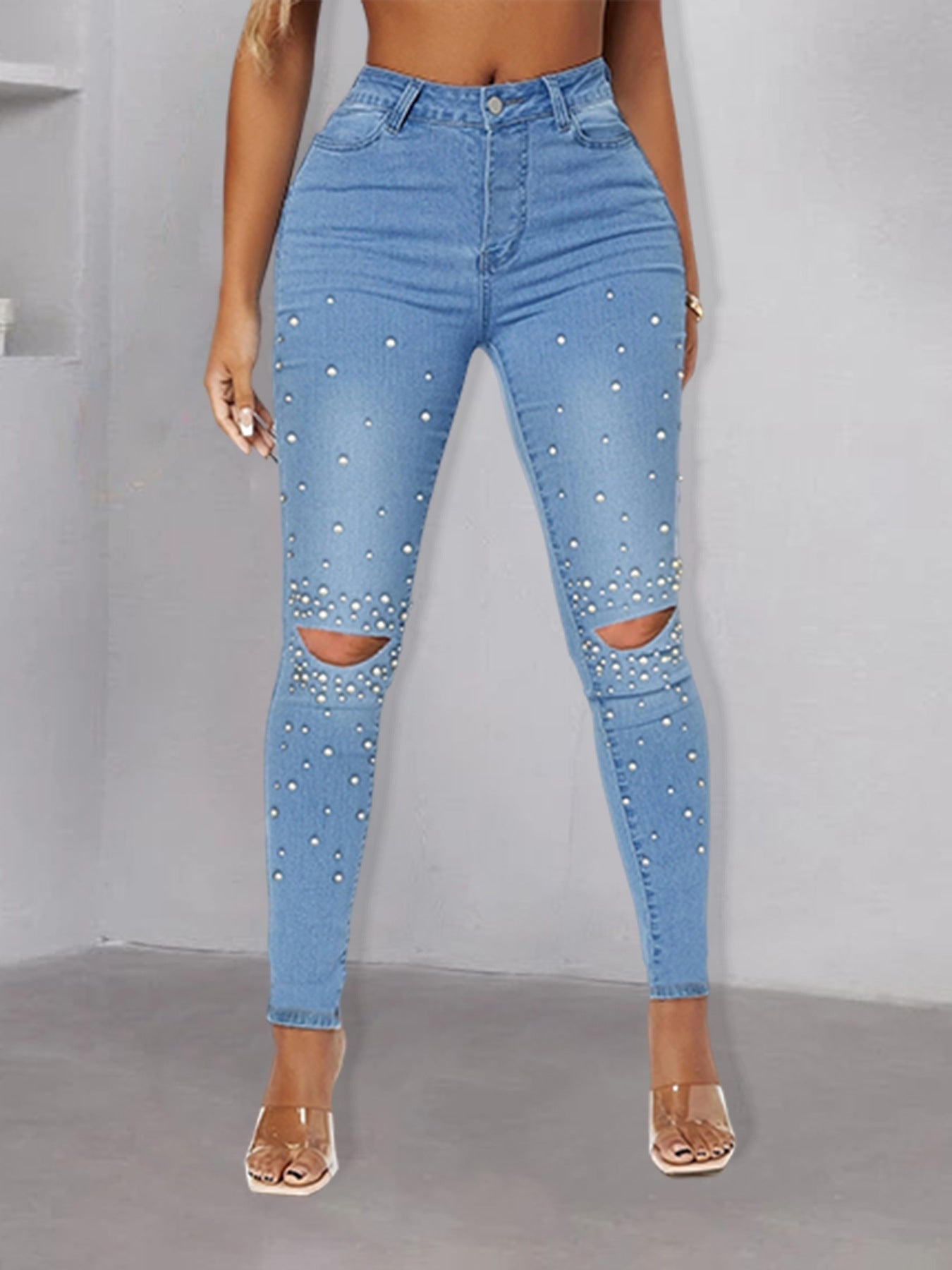 Women pearl-embellished high-waist skinny jeans with knee cutouts Chichicherry