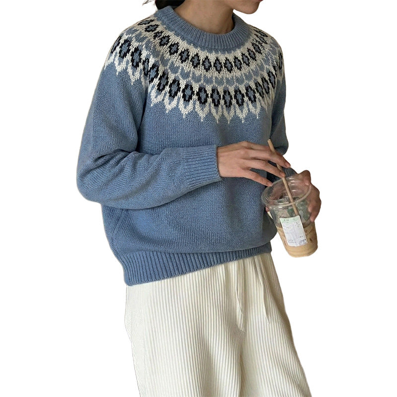 Women's Round Neck Sweater with Jacquard Yoke and Relaxed Fit Chichicherry