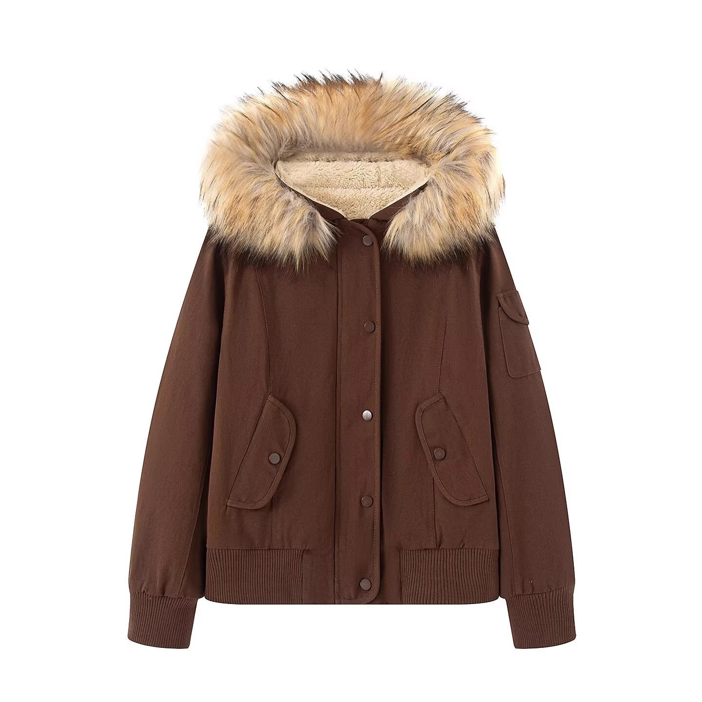 Women's Padded Bomber Jacket with Hood and Removable Faux Fur Collar Chichicherry