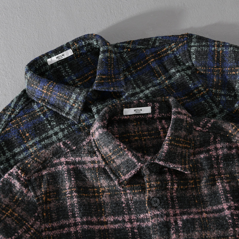 Men's Boucle Overshirt in Shirt Jacket Style with Kent Collar and Check Pattern Chichicherry
