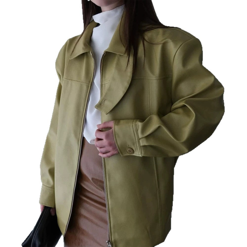 Women's Boxy Faux Leather Jacket with High Stand Collar, Front Zip and Waist Belt Chichicherry