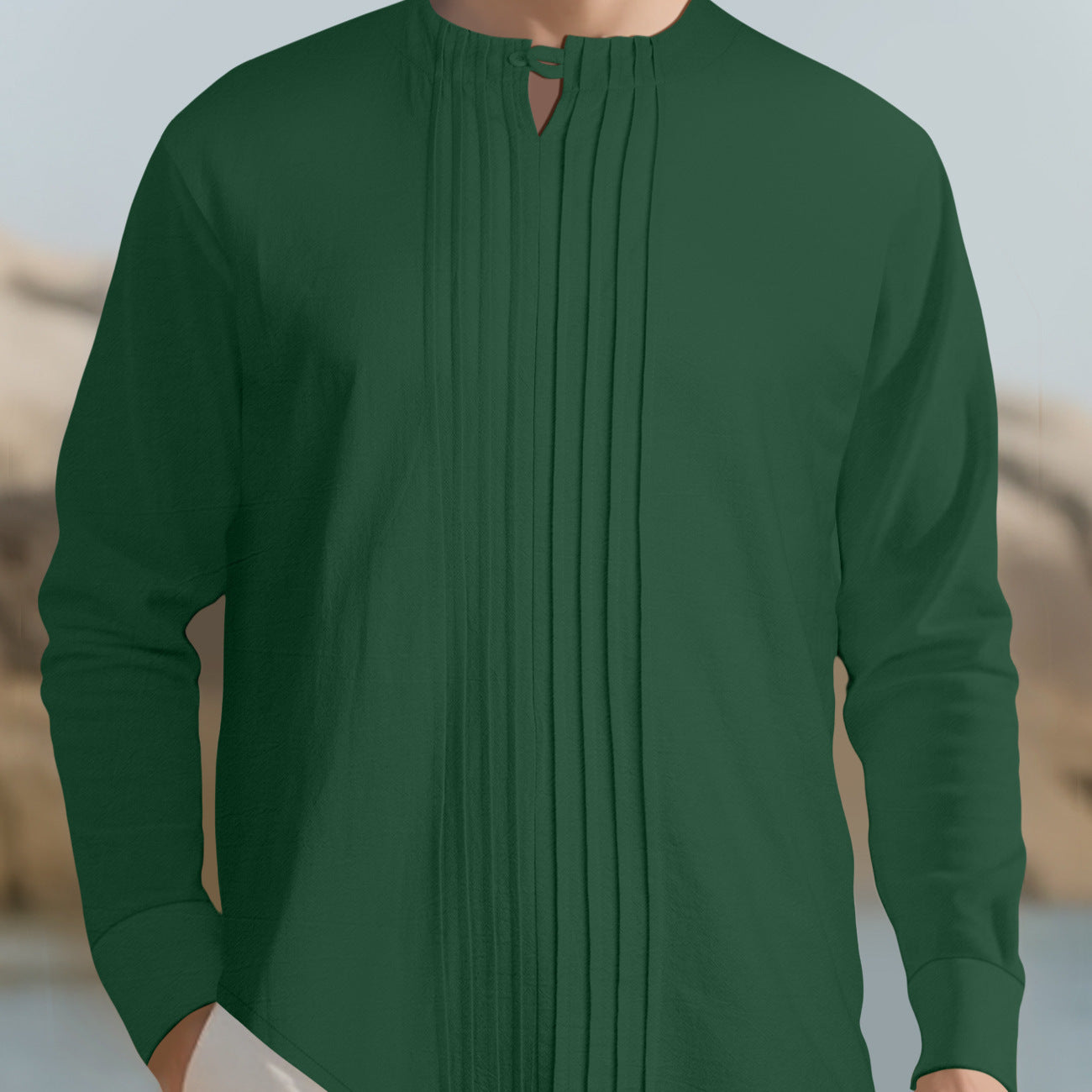 Men's Lightweight Long Sleeve Shirt in Linen Look with Stand-Up Collar, Pleats and Loop Closure Chichicherry
