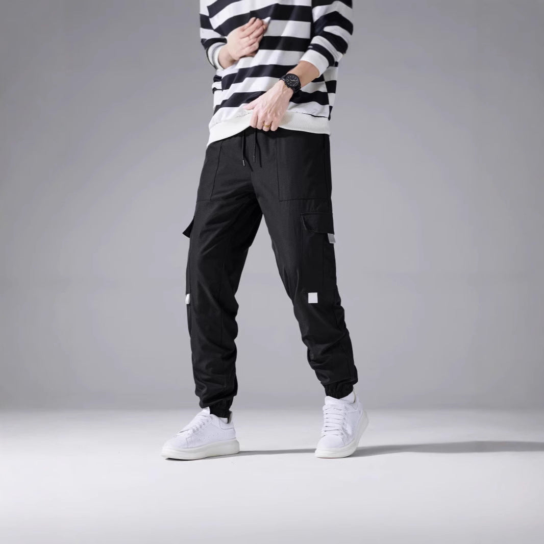 Men's cargo joggers with elastic ankle cuffs, multiple pockets & reflective applications Chichicherry