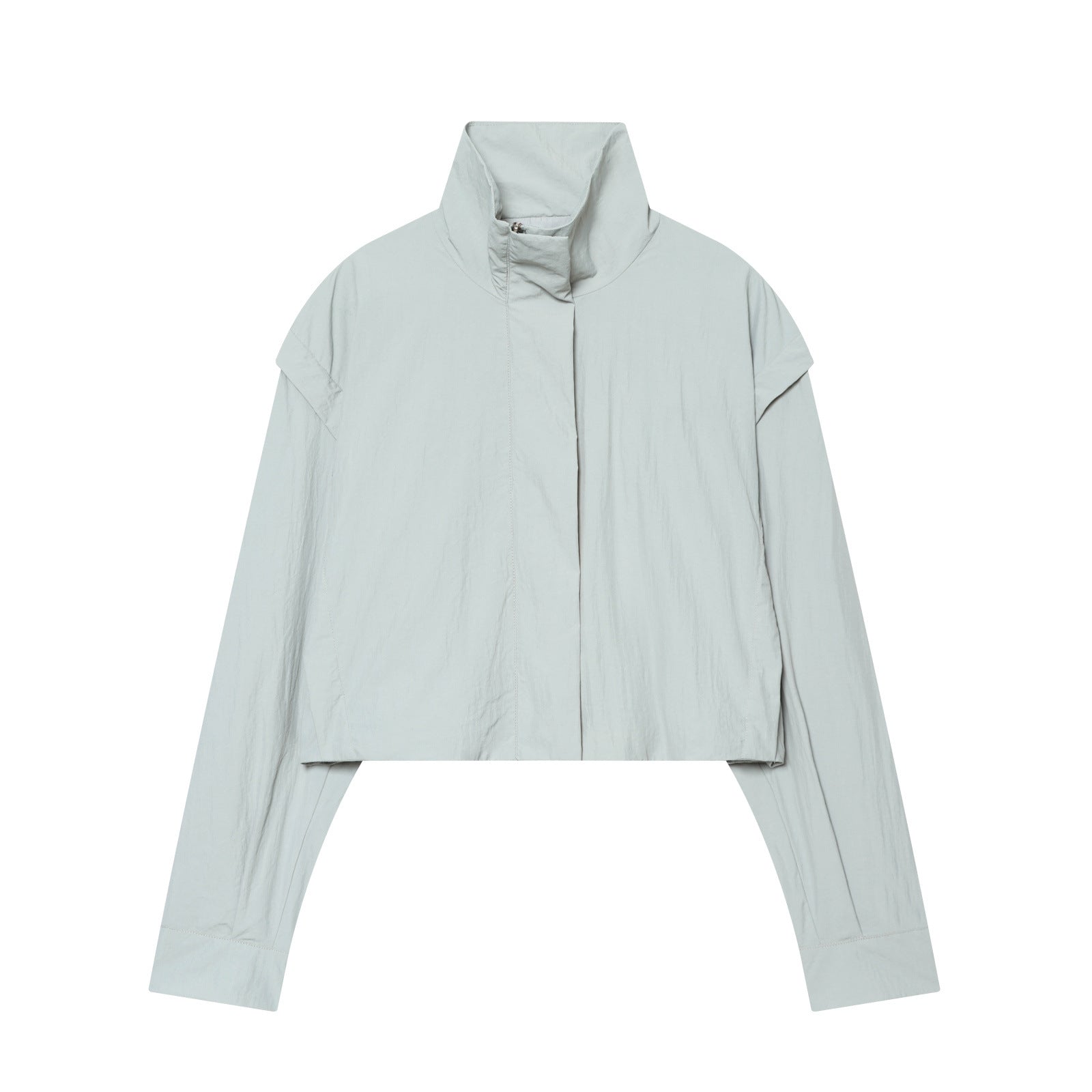 Women’s short jacket in technical minimalist design with high stand-up collar and concealed front flap Chichicherry