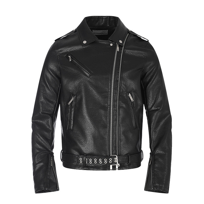 Men's tailored biker jacket made of synthetic leather with asymmetric zipper and studded waist belt Chichicherry
