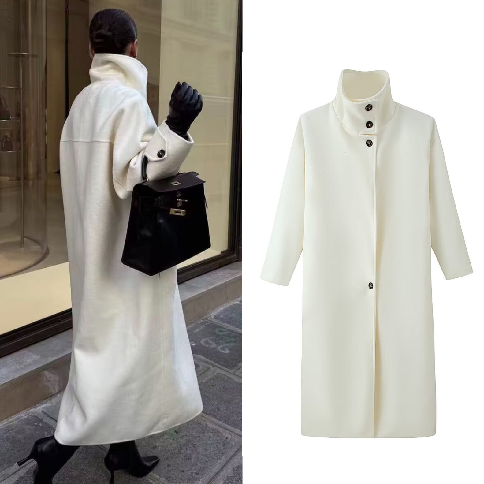 Women's Straight Midi-Length Coat with High Stand-Up Collar and Concealed Button Placket Chichicherry