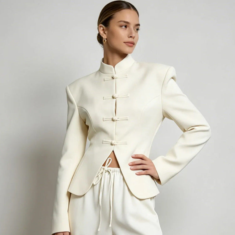 Women's Sculpted Blazer with Stand Collar, Decorative Knot Closures and Tailored Silhouette Chichicherry