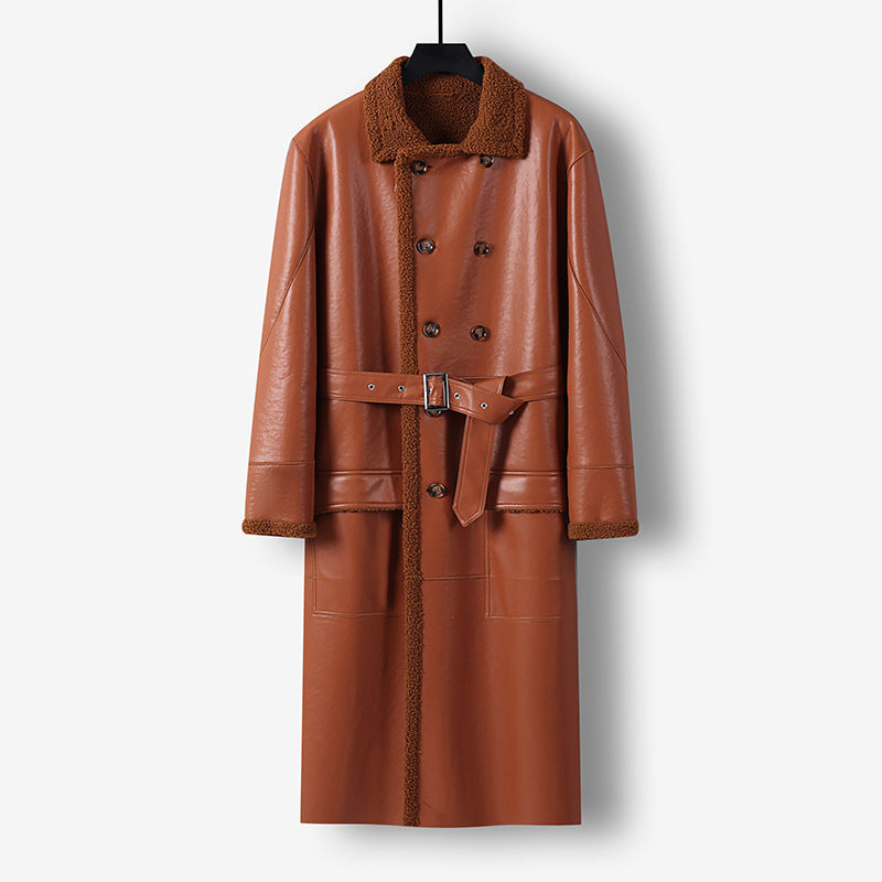 Men's Maxi-length Faux Leather Coat with Teddy Lining, Double-breasted Button Placket and Waist Belt Chichicherry
