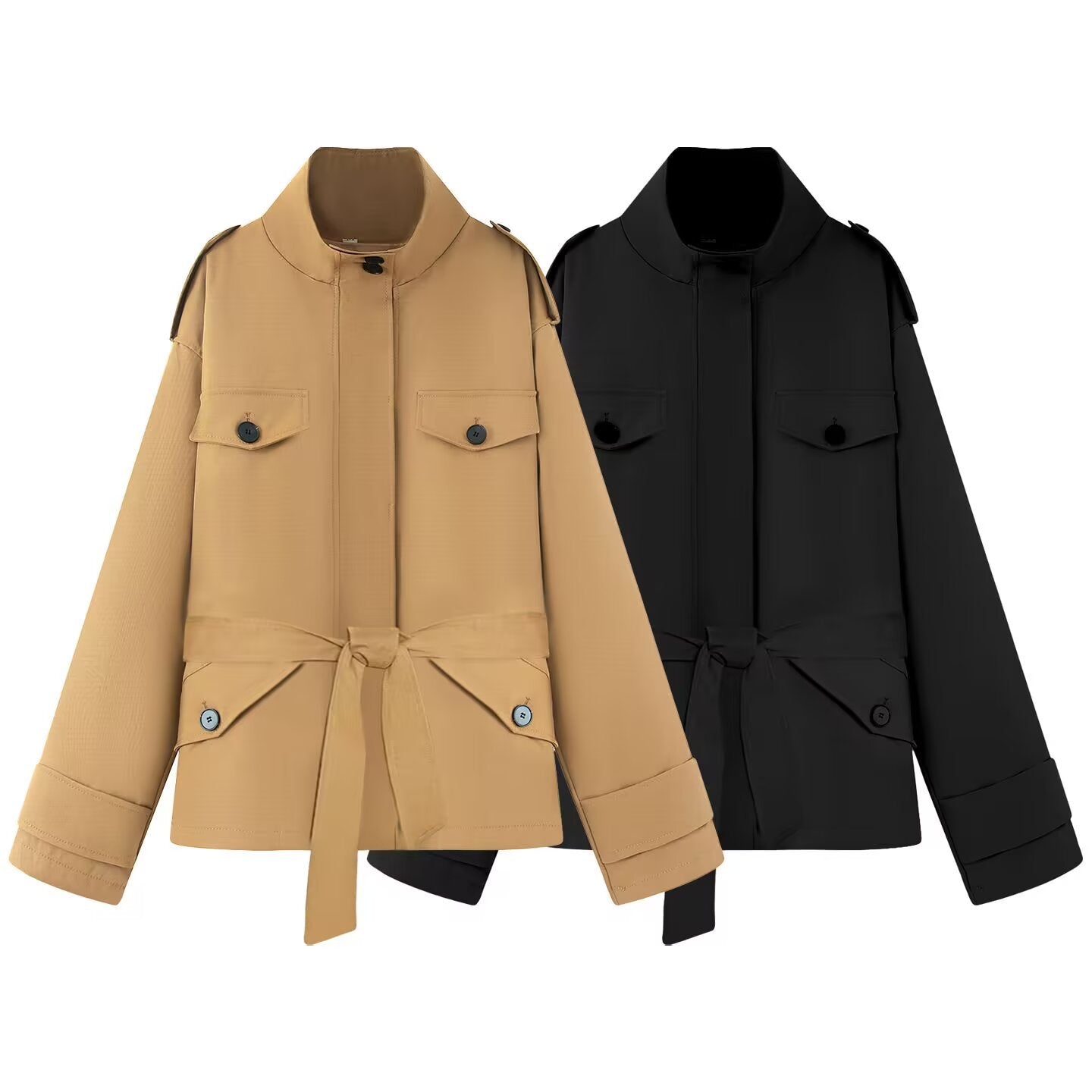 Women's Short Jacket in Utility Style with Waist Belt and Flap Pockets Chichicherry