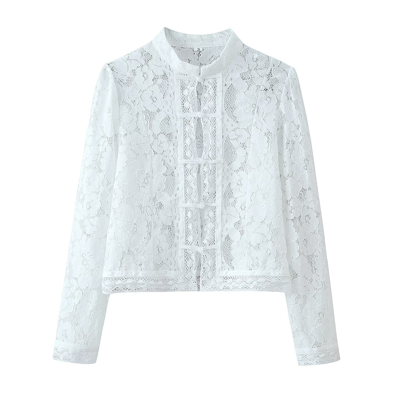 Women's Lace Jacket with Stand Collar, Chinese Knot and Transparent Floral Design Chichicherry