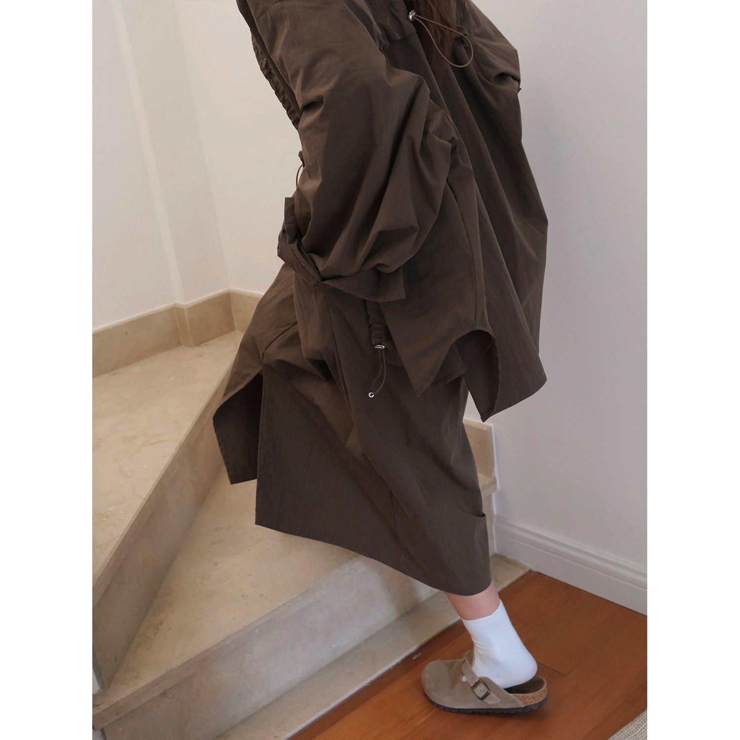 Women's Midi-Length Cotton Skirt with Drawstring, Side Pockets, and Front Leg Slit Chichicherry