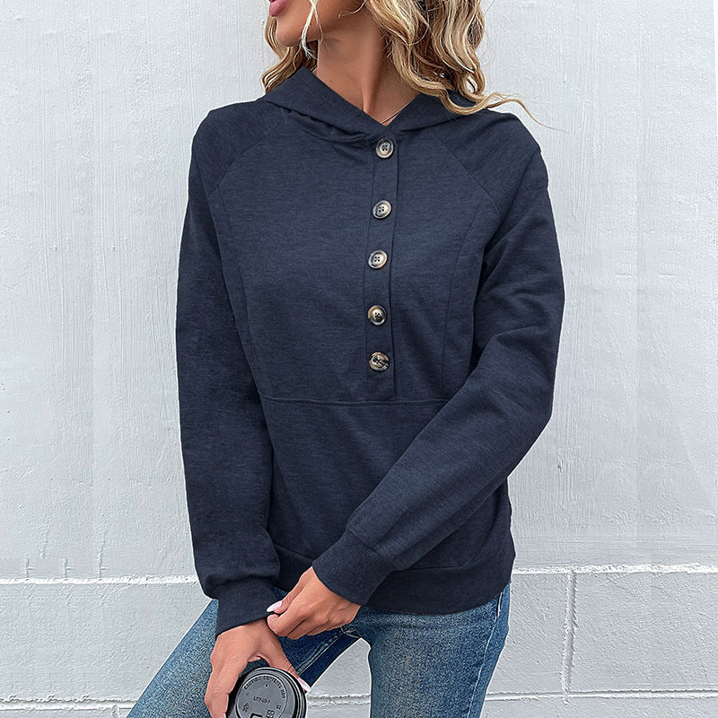 Women's hoodie with decorative button placket, raglan sleeves, and kangaroo pocket Chichicherry