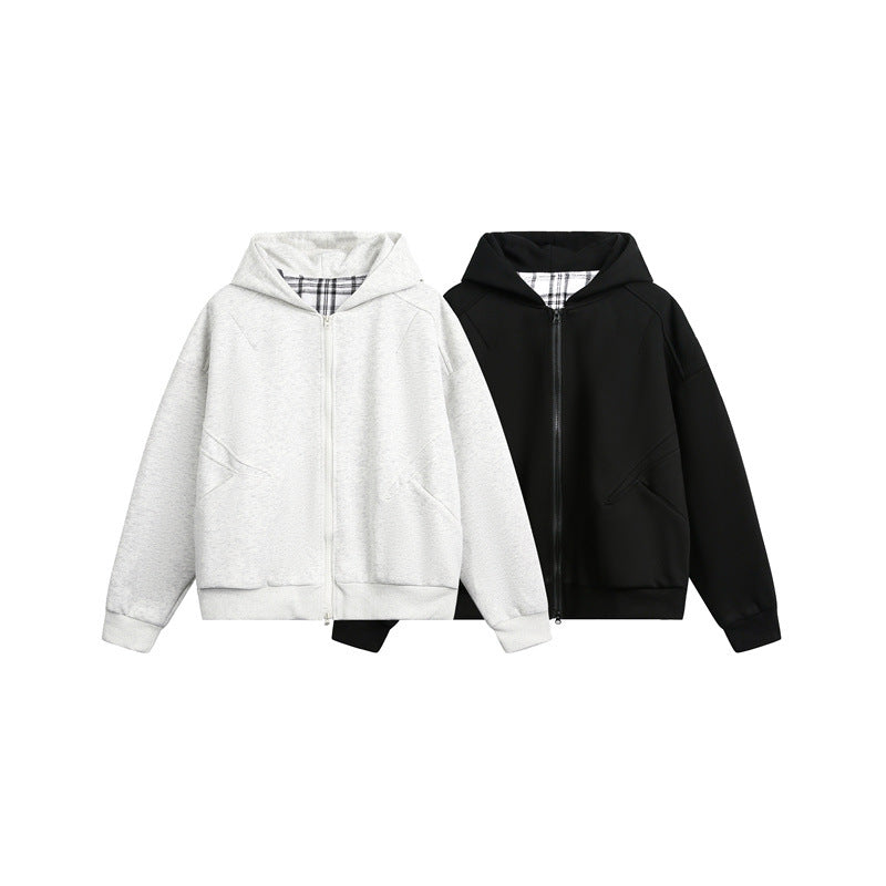 Unisex Hooded Sweat Jacket with Two-Way Zipper and Checkered Hood Lining Chichicherry