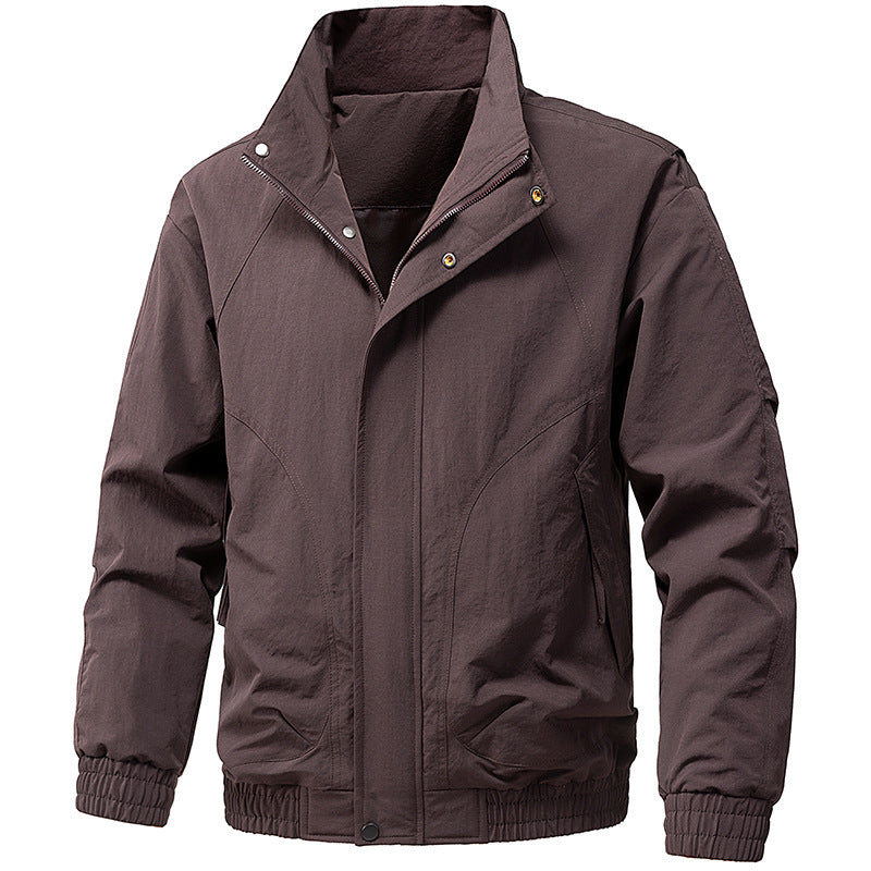 Men's Windproof Utility Bomber Jacket with Stand Collar, Elastic Cuffs, and Concealed Zipper Chichicherry
