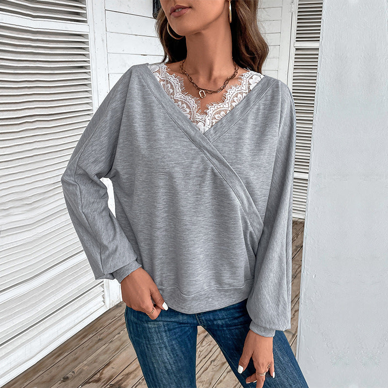 Women's Oversized Wrap Long Sleeve with Lace Trim and Wide Sleeve