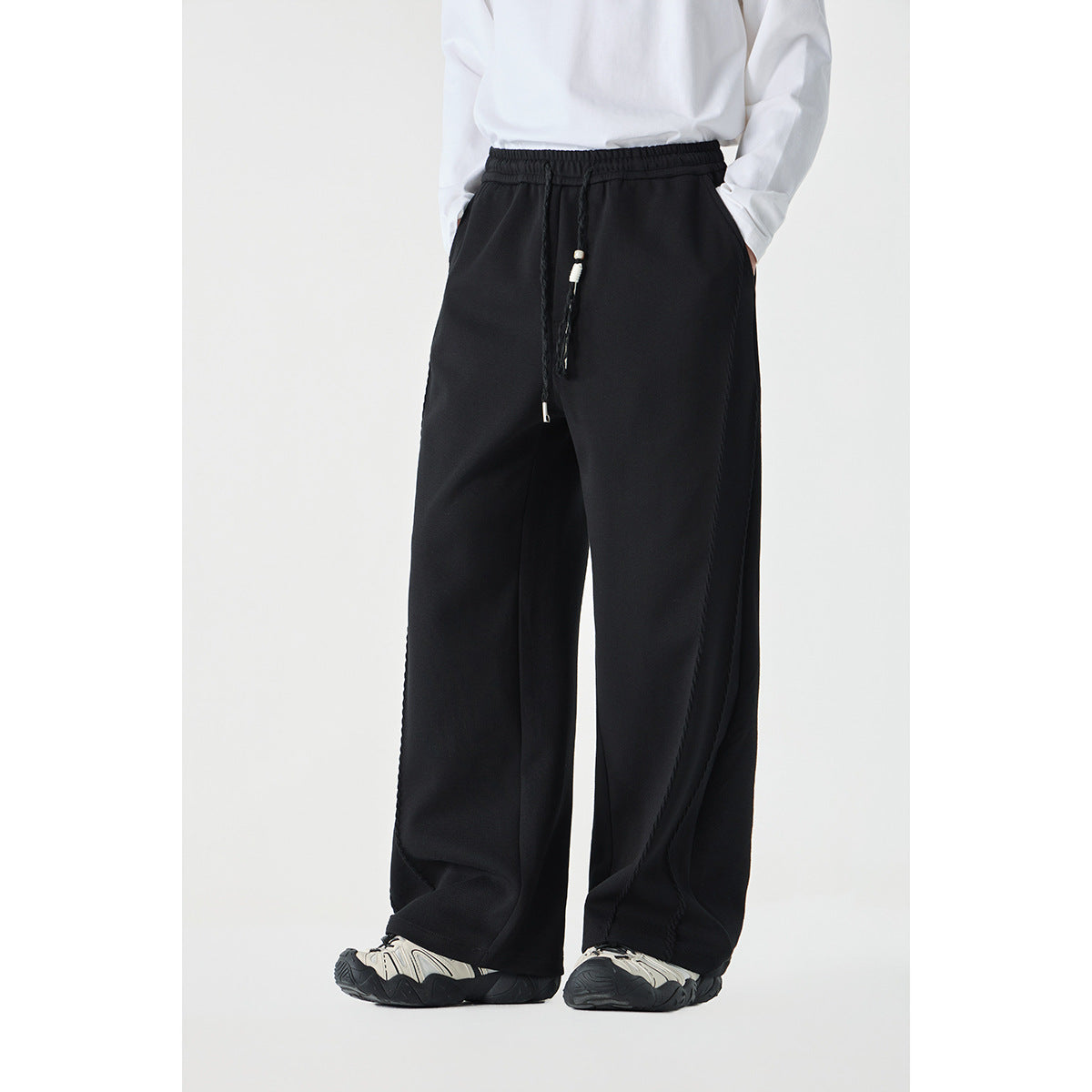 Women's Wide High-Waist Jogging Pants with Decorative Seams and Drawstring Chichicherry