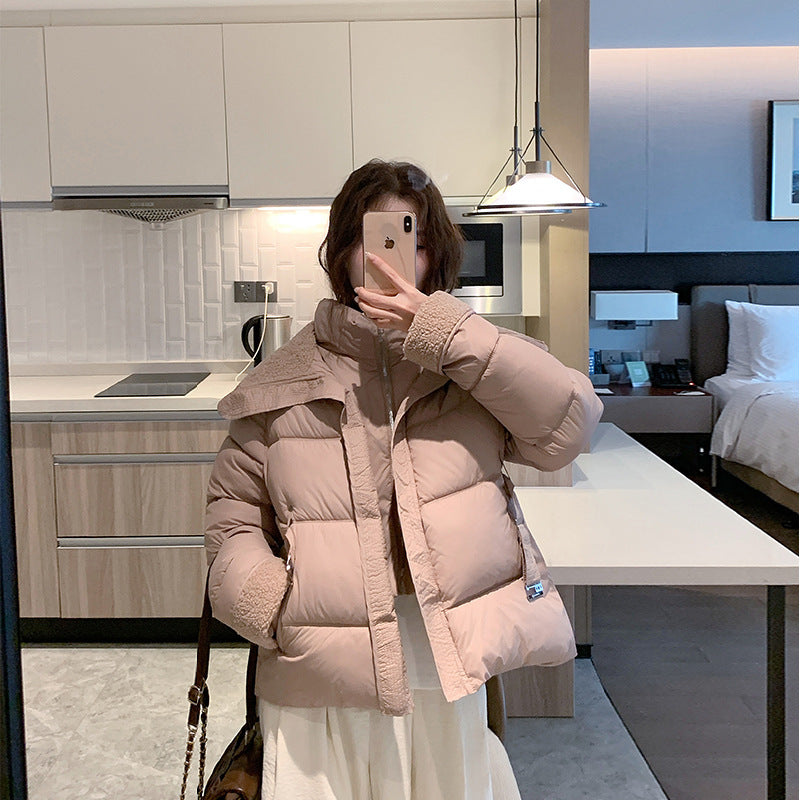 Women's short quilted waist puffer jacket with cozy teddy collar and adjustable buckle strap Chichicherry