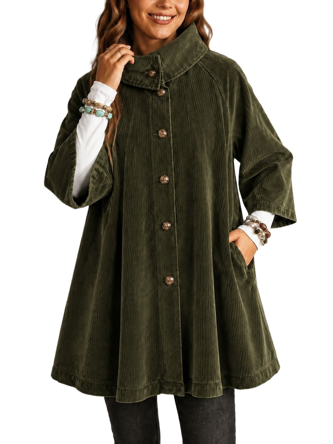 Women's cord coat with stand-up collar, A-line and patch pockets Chichicherry