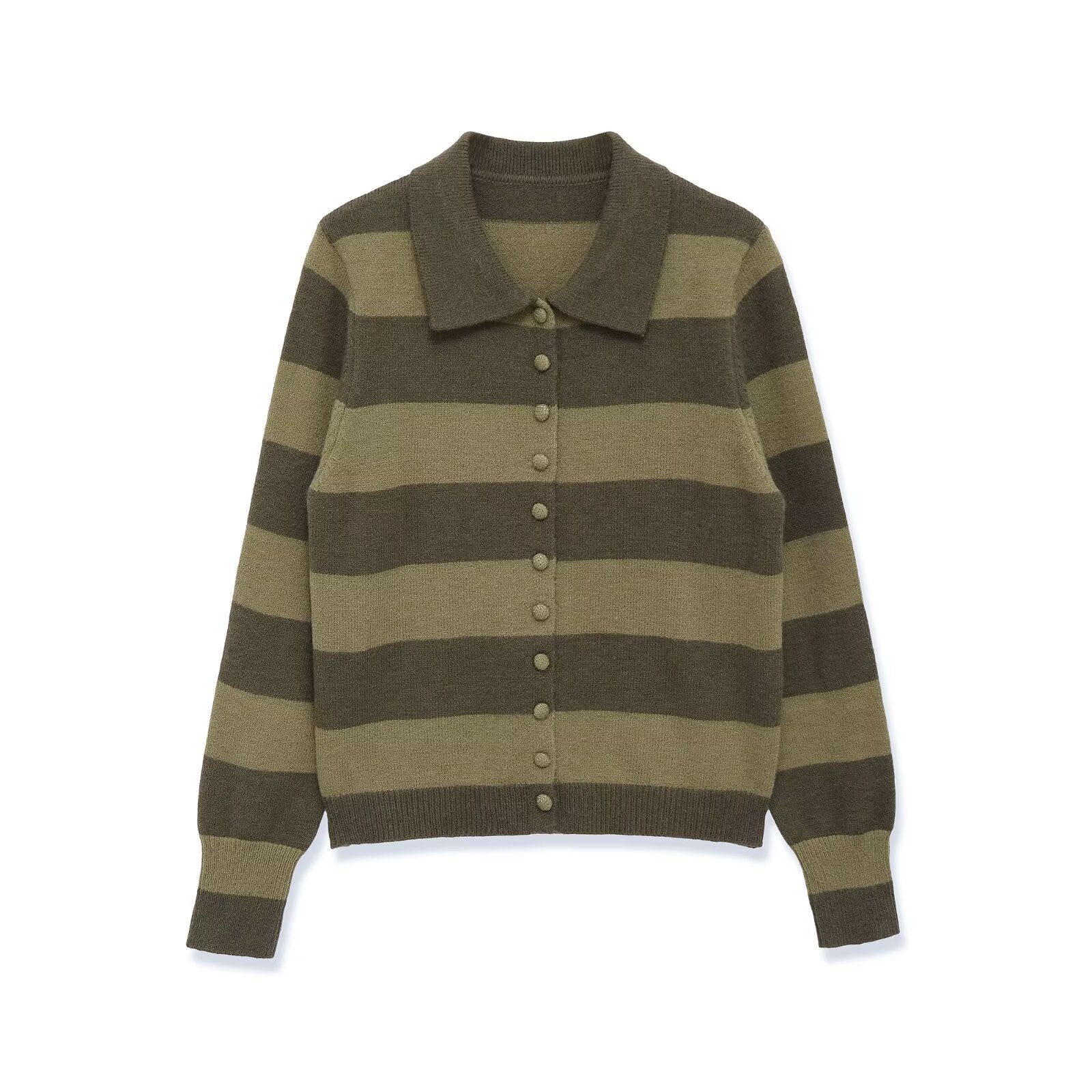 Women's Striped Cardigan with Polo Collar and Button Placket Chichicherry