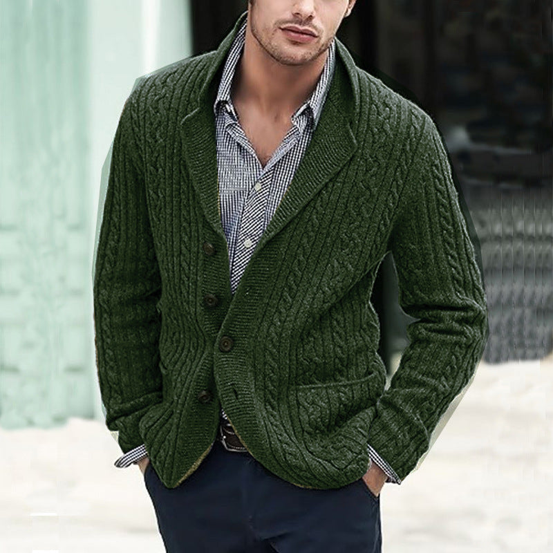 Men's Cable Knit Blazer with Shawl Collar and Button Placket Chichicherry