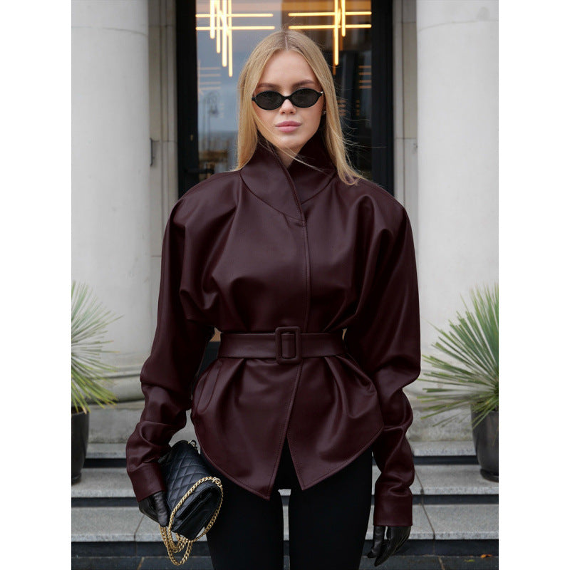 Women's leather look jacket with fitted belt and high stand-up collar Chichicherry