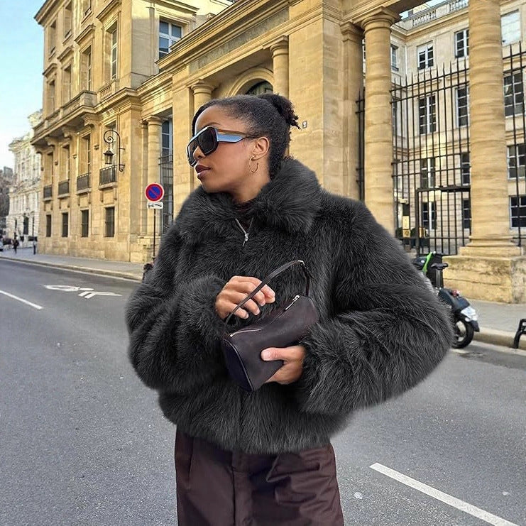 Women Short Boxy Faux Fur Pilot Jacket with Dense High Pile and Wide Lapel Chichicherry