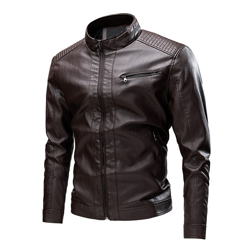 Men's Faux Leather Moto Jacket with Stand Collar, Quilted Shoulder Yoke and Slim Silhouette Chichicherry