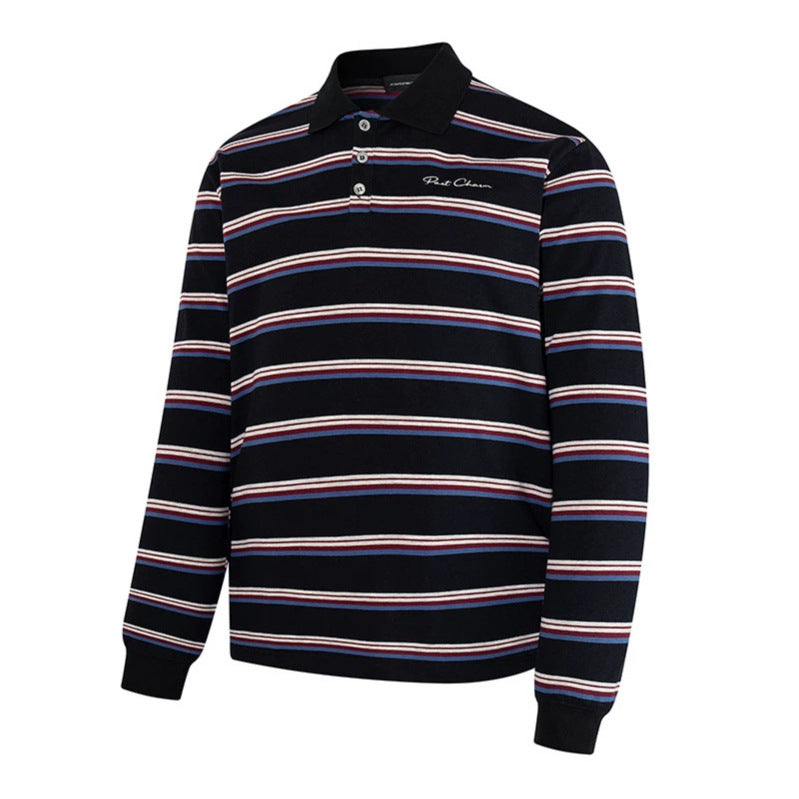 Men's Long Sleeve Polo Shirt with Retro Stripes, Ribbed Cuffs and Button Placket Chichicherry