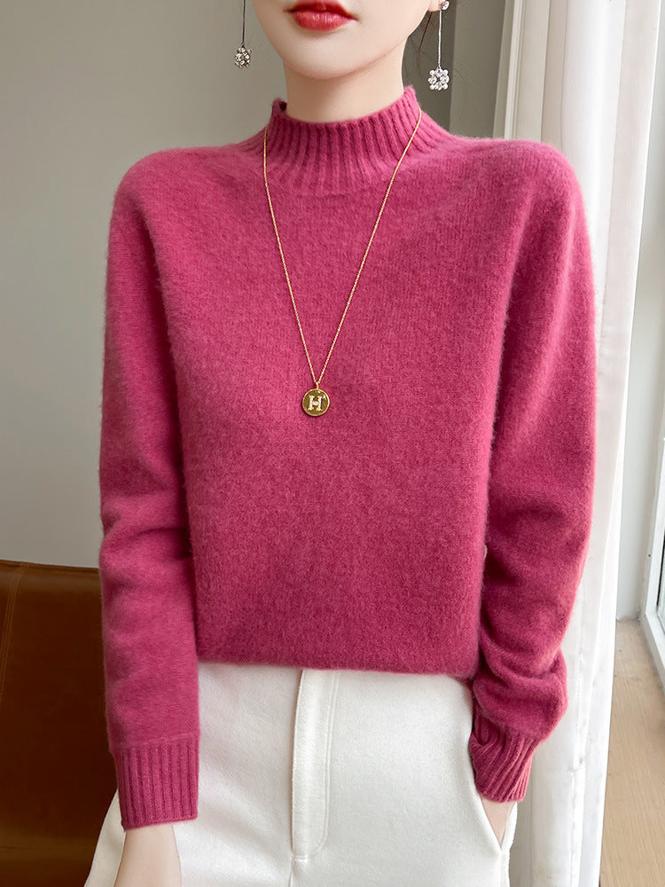 Women's Luxury Soft Midweight Mock Neck Sweater in Angora Look with Fine Rib and Relaxed Silhouette Chichicherry