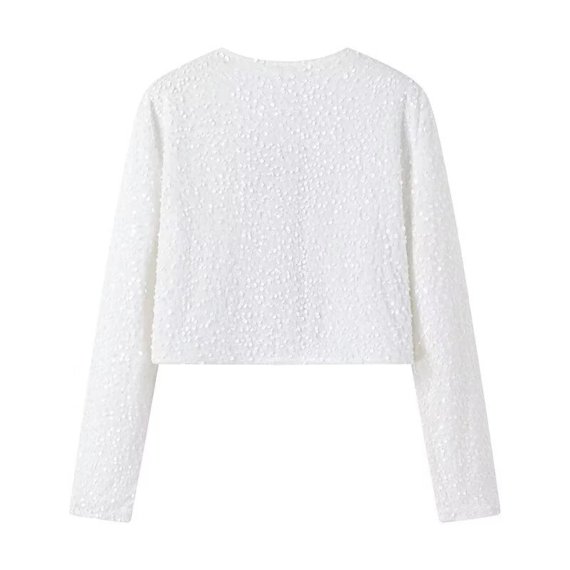 Ladies Short Sequin Jacket with Decorative Bows, Round Neckline and Long Sleeves Chichicherry