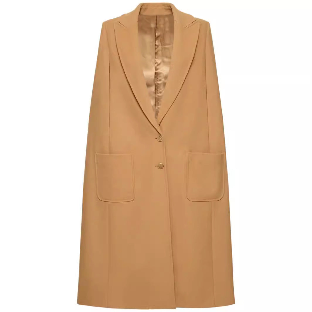 Women Cape-inspired Maxi long coat made of wool blend with narrow lapel Chichicherry