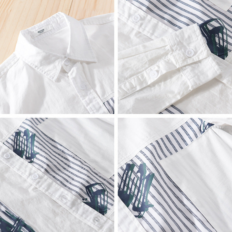 Men's Casual Overshirt made of cotton poplin with striped patch inserts and brush print Chichicherry