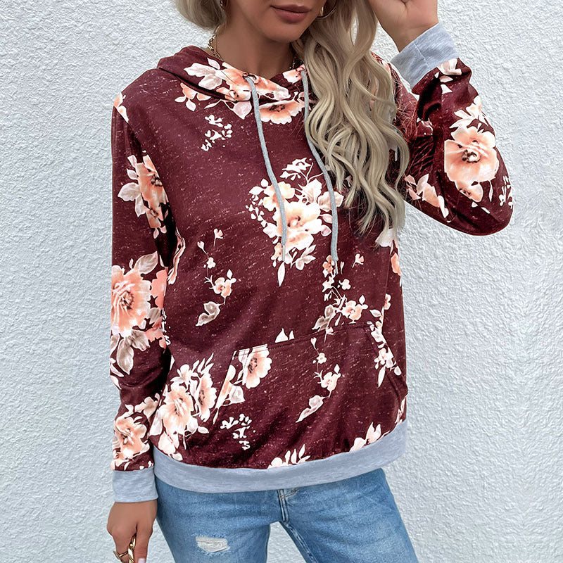 Ladies Casual Hoodie with Floral Vintage Print, Kangaroo Pocket and Contrasting Cuffs