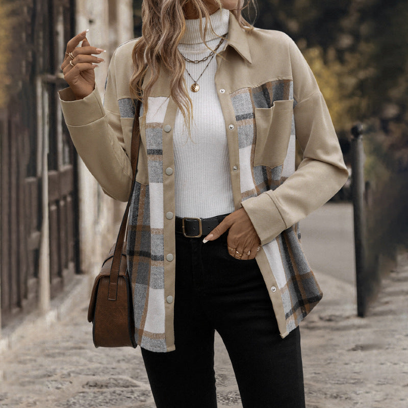 Women’s Oversized Shirt Jacket with Checked Front Panel, Snap Button Closure and Patch Chest Pockets Chichicherry