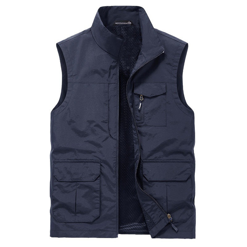 Men's Multi-Pocket Utility Vest with Zipper, Mesh Lining and Stand Collar Chichicherry